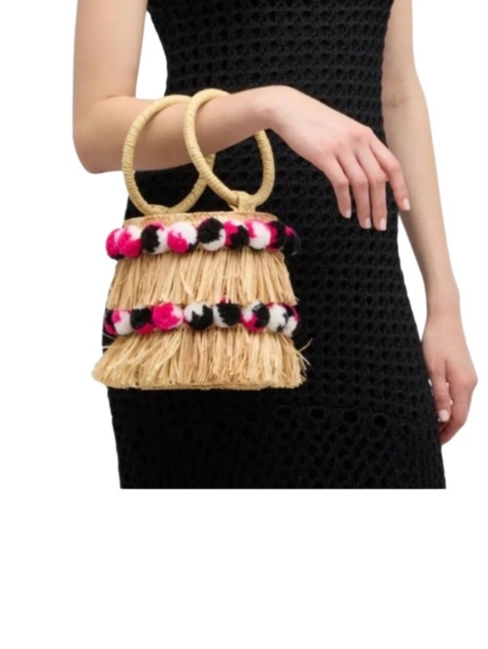 NWT BTB Los Angeles - Round Bucket Straw Fringe & Pompoms Colorfull - Picture 13 of 13